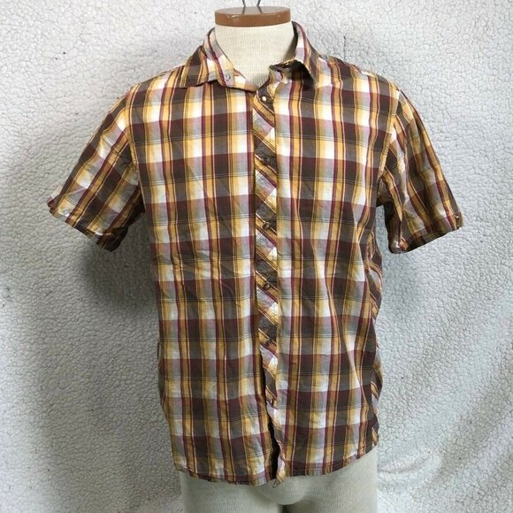 PrAna Mens Organic Cotton Plaid Snap Button Down Shirt Short Sleeve size Small - Picture 1 of 5